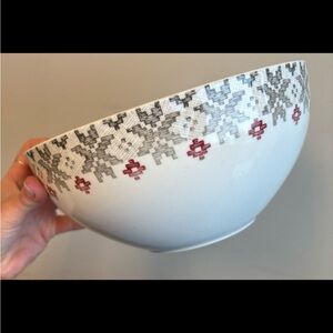 White Serving Bowl with Gray and Red Pattern